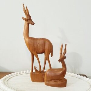 Carved Wood Gazelle Figurines Set of 2 Standing Sitting Deer Decor